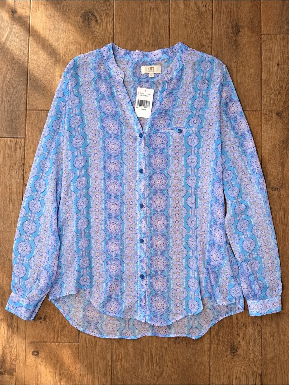 Kut from the Kloth Sheer Light Blue Printed Button-Down Shirt Sz L NWT